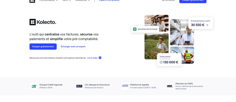 Page d'accueil Kolecto : facturation electronique Credit Agricole