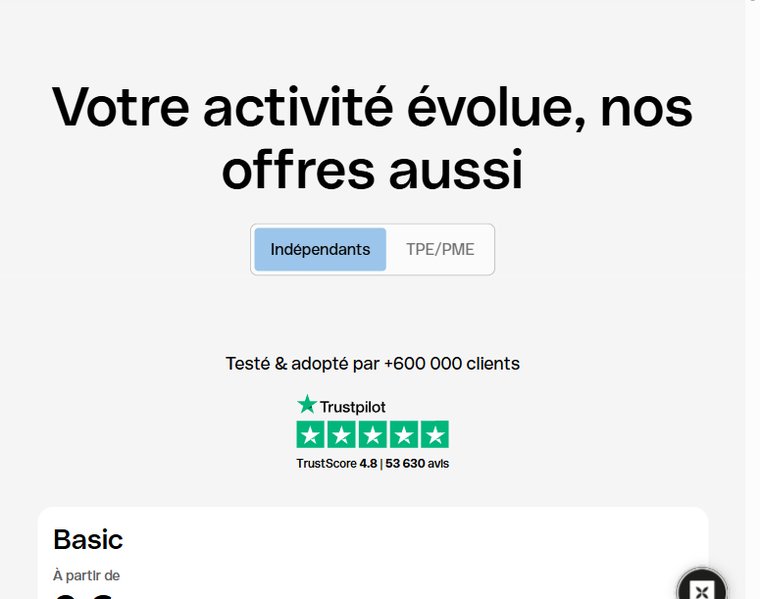 Page tarifs Qonto : offres a partir de 9 euros par mois, Trustpilot 4.8